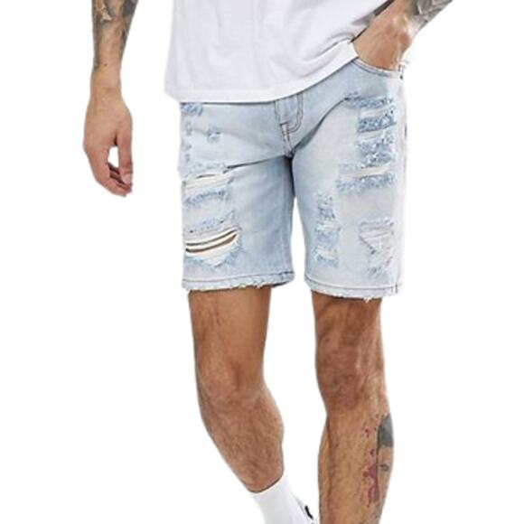 Asos Design Men's Slim Denim Shorts Distressed With Rips Light Wash Blue W30 NWT - Picture 3 of 16